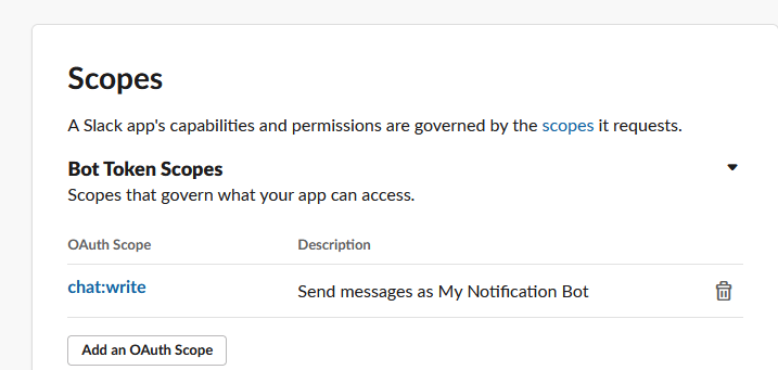 screenshot of slack api app scope screen, step 3