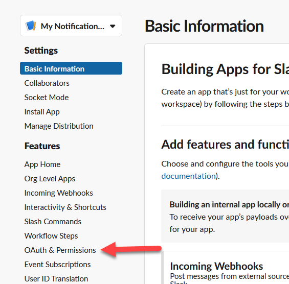 screenshot of slack api app configuration menu