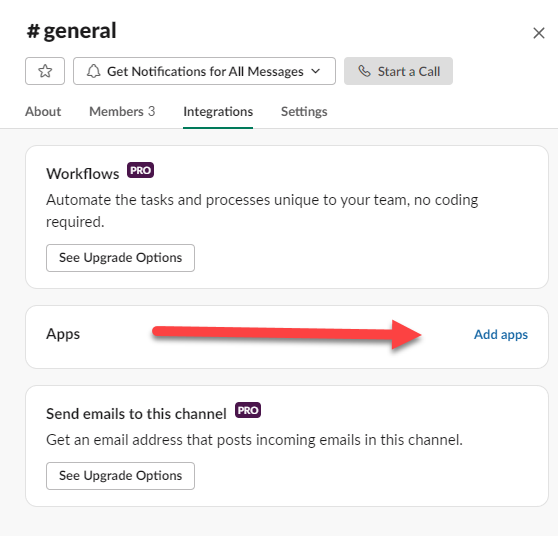 screenshot of slack #general channel  integration tab with add apps pointed out